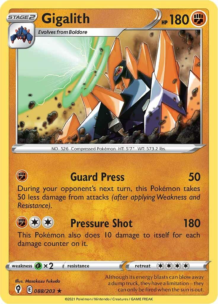 088, Fighting, Grass [x2], Normal, Rare, Reverse Holofoil, Sword & Shield: Evolving Skies Gigalith (088/203) [Sword & Shield: Evolving Skies] - Trading Card World