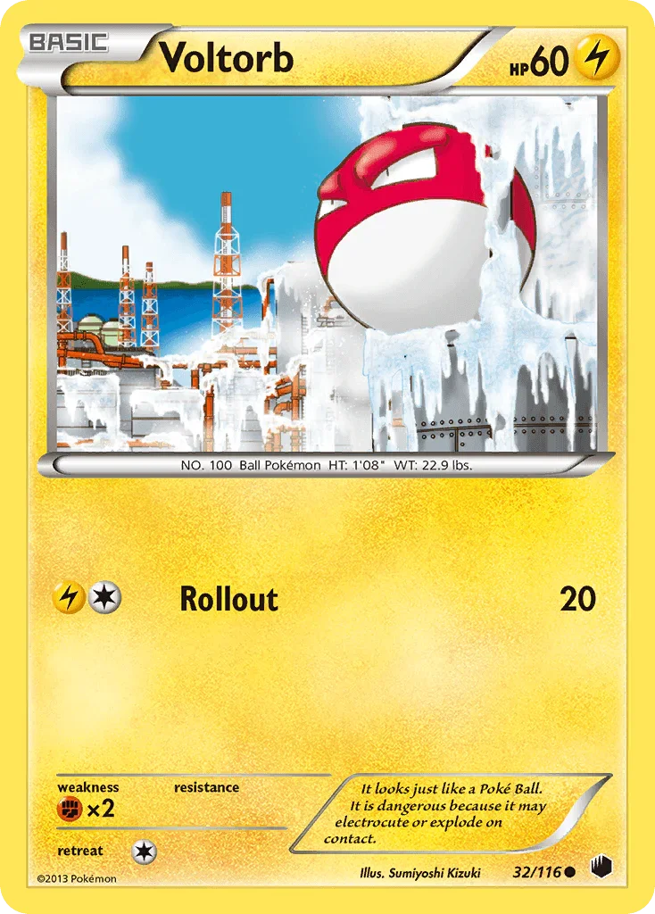 32, Black & White: Plasma Freeze, Common, Fighting[×2], Lightning, Normal, Reverse Holofoil Voltorb (32/116) [Black & White: Plasma Freeze] - Trading Card World