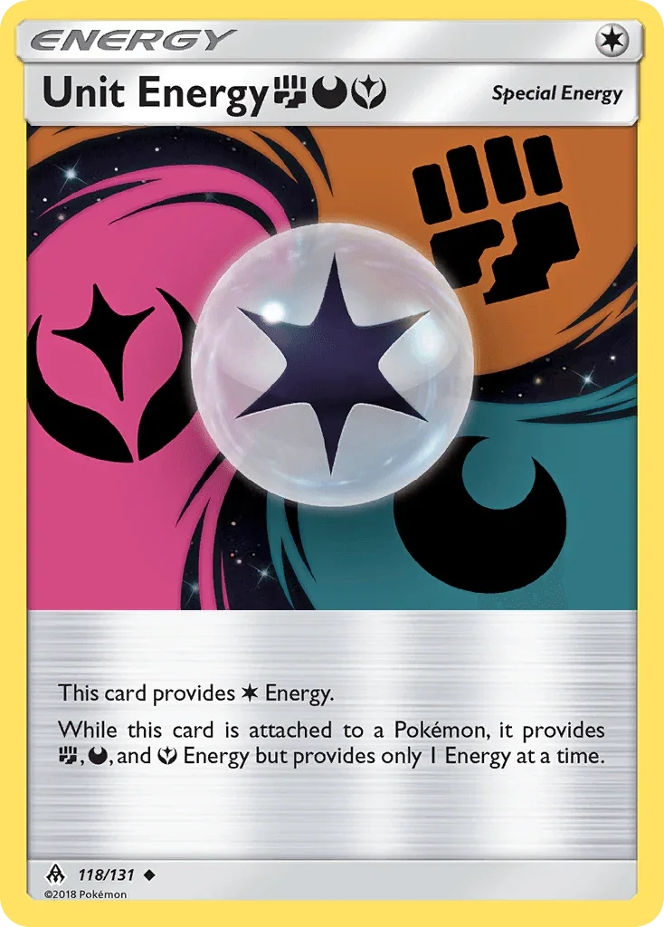 118, Normal, Reverse Holofoil, Special Energy, Sun & Moon: Forbidden Light, Uncommon Unit Energy (118/131) (Fighting, Darkness, Fairy) [Sun & Moon: Forbidden Light] - Trading Card World