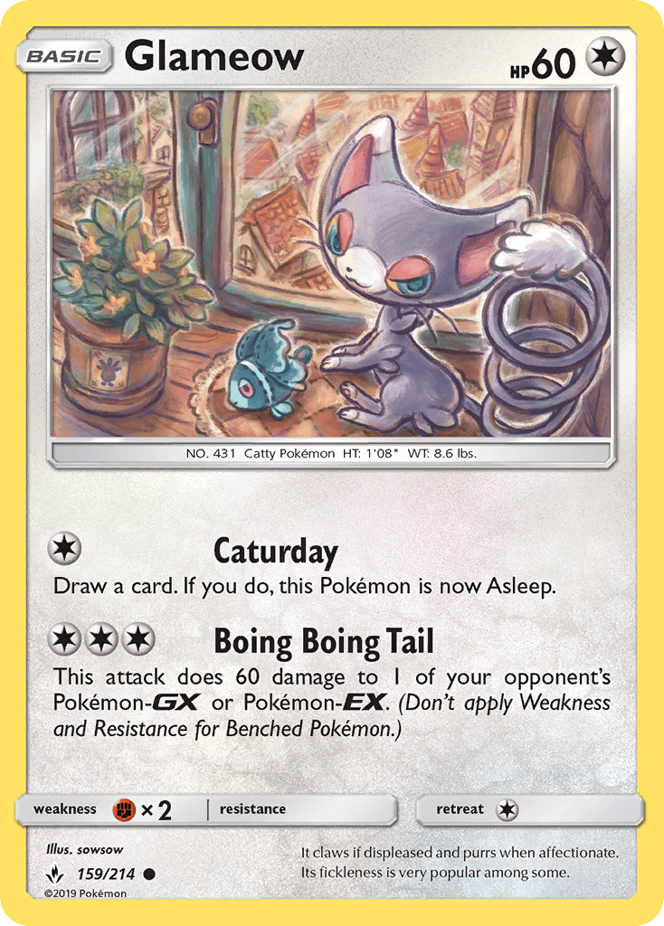 159, Colorless, Common, Fighting[×2], Normal, Reverse Holofoil, Sun & Moon: Unbroken Bonds Glameow (159/214) [Sun & Moon: Unbroken Bonds] - Trading Card World