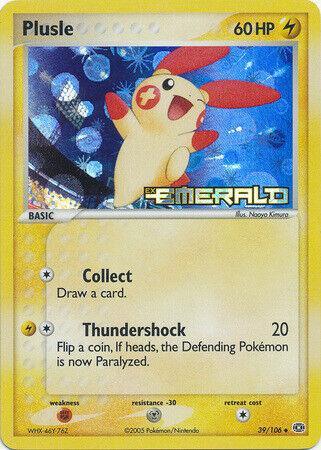 39, EX: Emerald, Fighting[×2], Lightning, Metal[-30], Reverse Holofoil, Uncommon Plusle (39/106) (Stamped) [EX: Emerald] - Trading Card World
