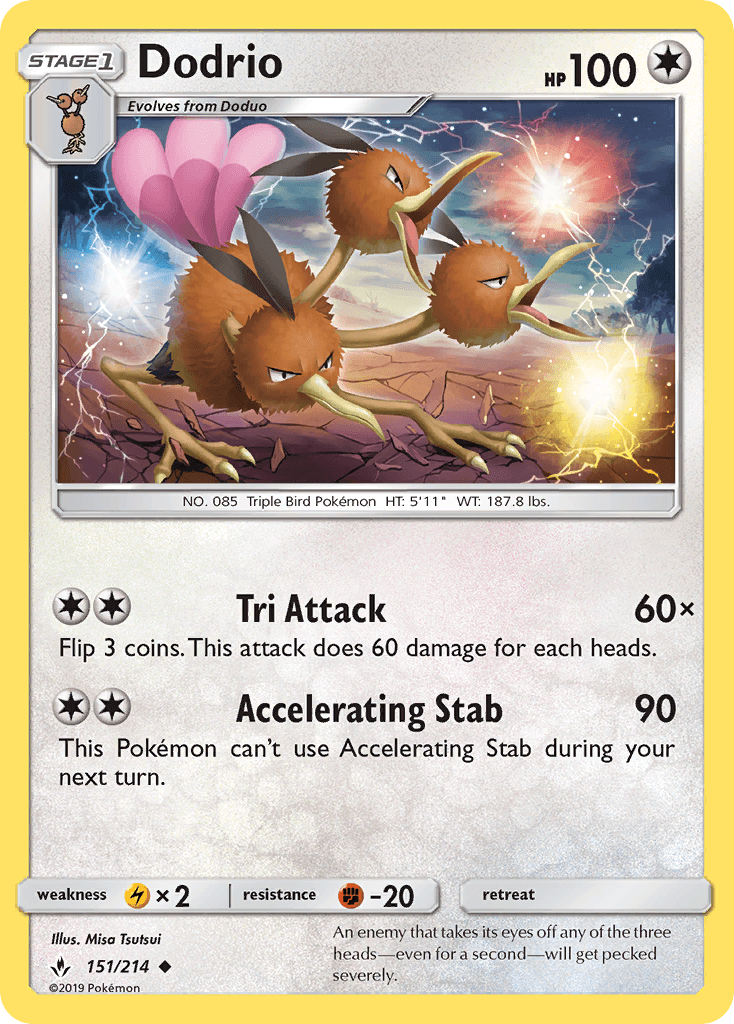 151, Colorless, Fighting[-20], Lightning[×2], Normal, Reverse Holofoil, Sun & Moon: Unbroken Bonds, Uncommon Dodrio (151/214) [Sun & Moon: Unbroken Bonds] - Trading Card World