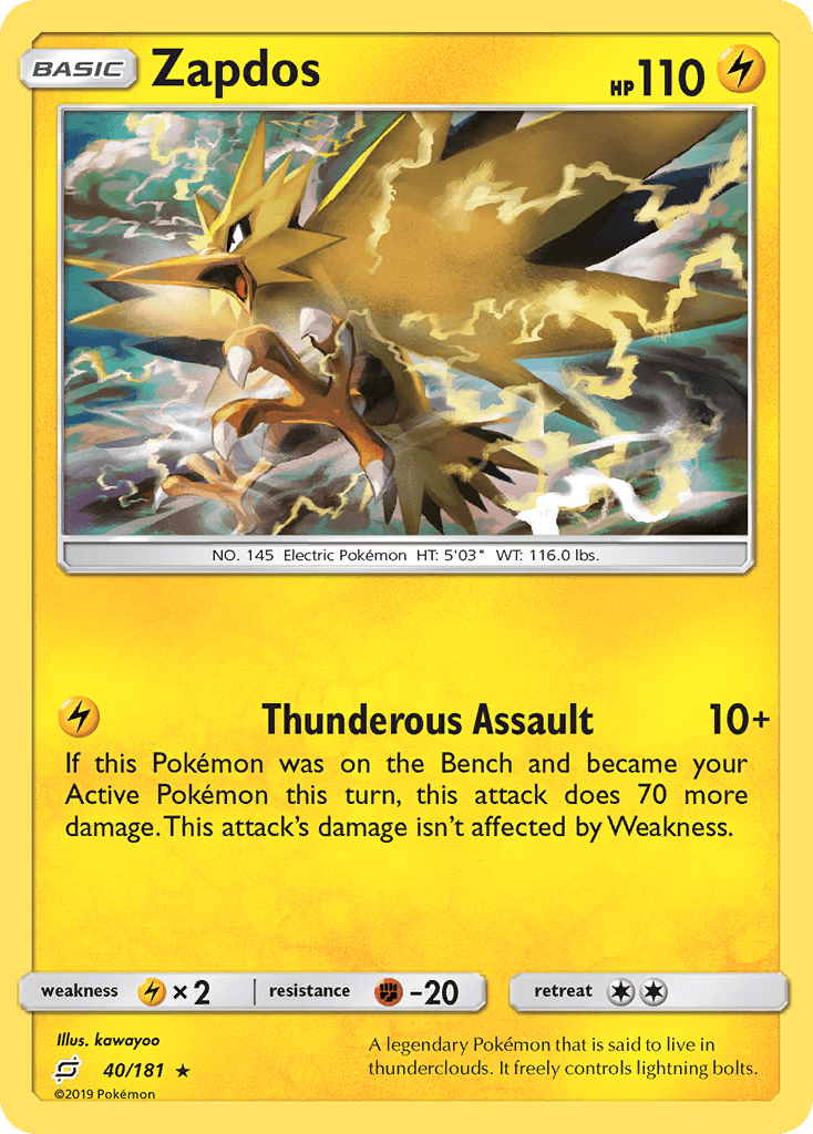 40, Fighting[-20], Holo Rare, Holofoil, Lightning, Lightning[×2], Reverse Holofoil, Sun & Moon: Team Up Zapdos (40/181) [Sun & Moon: Team Up] - Trading Card World