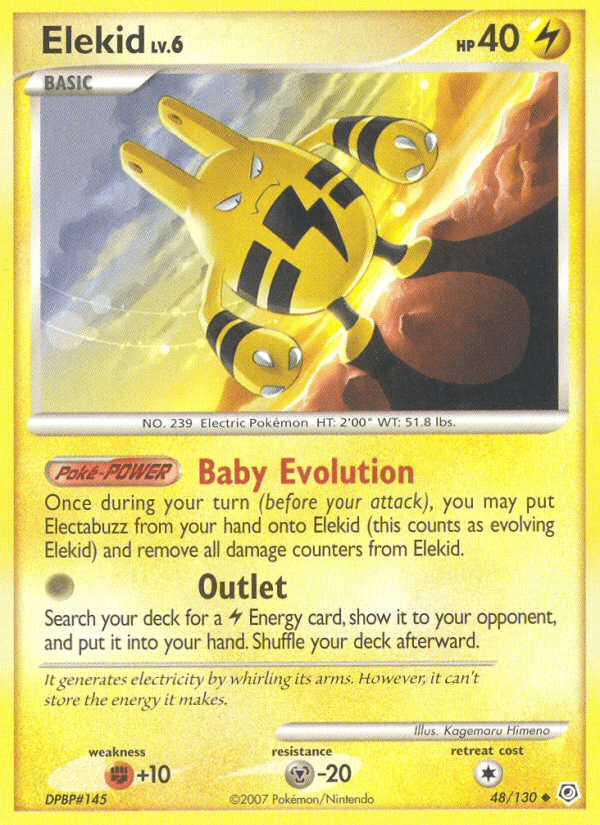 48, Diamond & Pearl: Base Set, Fighting[+10], Lightning, Metal[-20], Normal, Reverse Holofoil, Uncommon Elekid (48/130) [Diamond & Pearl: Base Set] - Trading Card World