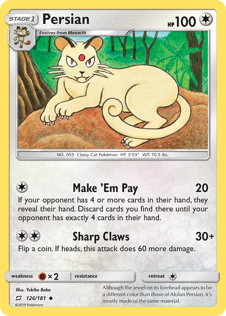 126, Colorless, Fighting[×2], Normal, Reverse Holofoil, Sun & Moon: Team Up, Uncommon Persian (126/181) [Sun & Moon: Team Up] - Trading Card World