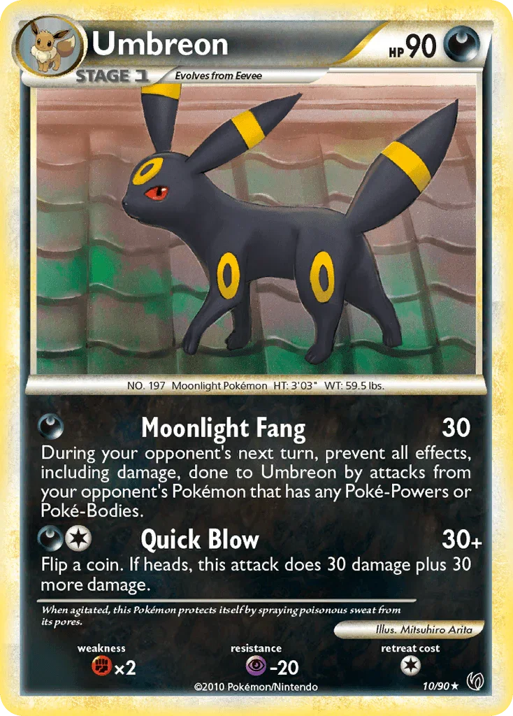 10, Darkness, Fighting[×2], HeartGold & SoulSilver: Undaunted, Holo Rare, Holofoil, Psychic[-20], Reverse Holofoil Umbreon (10/90) [HeartGold & SoulSilver: Undaunted] - Trading Card World