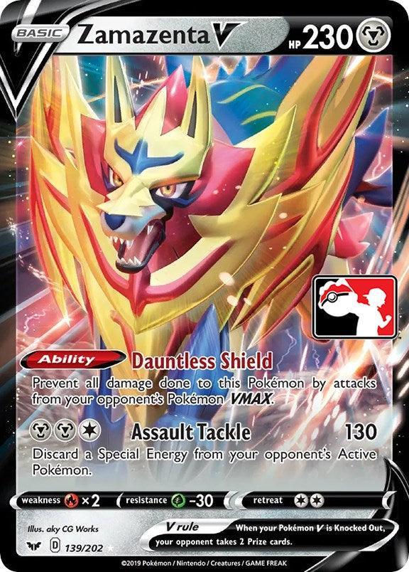 139, Fire[×2], Grass[-30], Holofoil, Metal, Prize Pack Series One, Ultra Rare Zamazenta V (139/202) [Prize Pack Series One] - Trading Card World