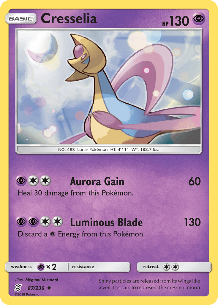 87, Normal, Psychic, Psychic[×2], Reverse Holofoil, Sun & Moon: Unified Minds, Uncommon Cresselia (87/236) [Sun & Moon: Unified Minds] - Trading Card World