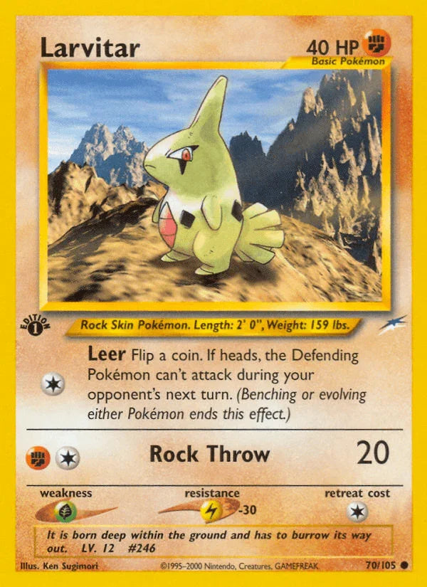1st Edition Normal, 70, Common, Fighting, Grass[×2], Lightning[-30], Neo Destiny 1st Edition Larvitar (70/105) [Neo Destiny 1st Edition] - Trading Card World