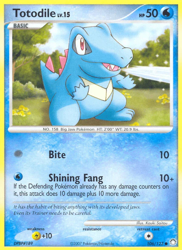 106, Common, Diamond & Pearl: Mysterious Treasures, Lightning[+10], Normal, Reverse Holofoil, Water Totodile (106/123) [Diamond & Pearl: Mysterious Treasures] - Trading Card World