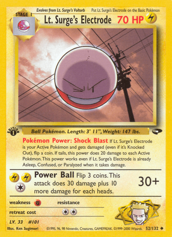 1st Edition Normal, 52, Fighting[×2], Gym Challenge 1st Edition, Lightning, Uncommon Lt. Surge's Electrode (52/132) [Gym Challenge 1st Edition] - Trading Card World