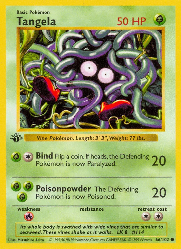 1st Edition Normal, 66, Base Set 1st Edition, Common, Fire[×2], Grass Tangela (66/102) (Shadowless) [Base Set 1st Edition] - Trading Card World