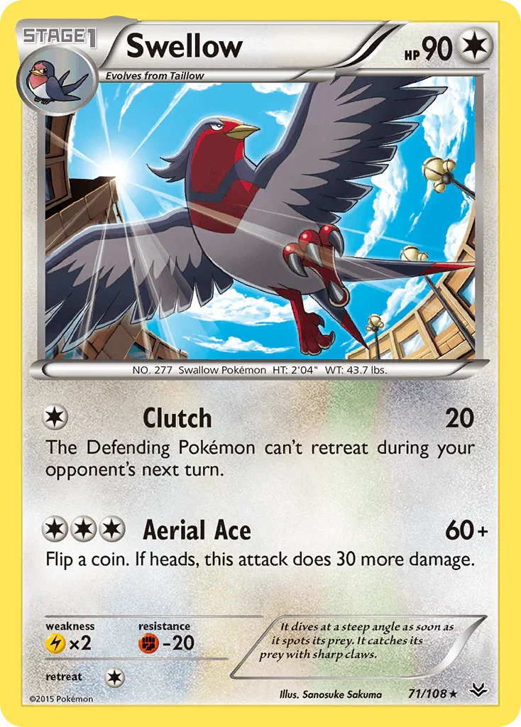 71, Colorless, Fighting[-20], Lightning[×2], Normal, Rare, Reverse Holofoil, XY: Roaring Skies Swellow (71/108) [XY: Roaring Skies] - Trading Card World