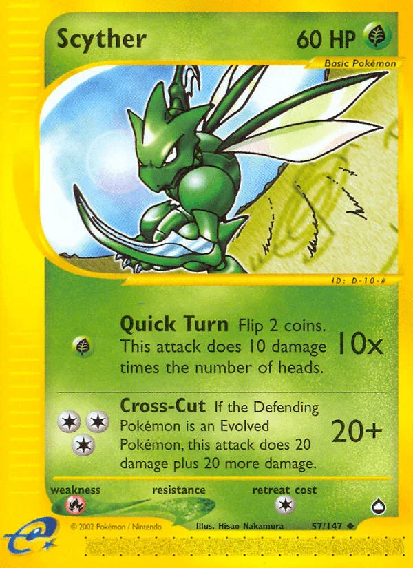 57, Aquapolis, Fire[×2], Grass, Normal, Reverse Holofoil, Uncommon Scyther (57/147) [Aquapolis] - Trading Card World