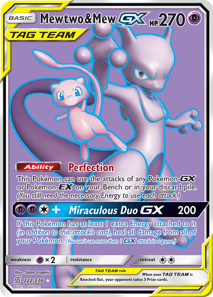 222, Holofoil, Psychic, Psychic[×2], Sun & Moon: Unified Minds, Ultra Rare Mewtwo & Mew GX (222/236) [Sun & Moon: Unified Minds] - Trading Card World