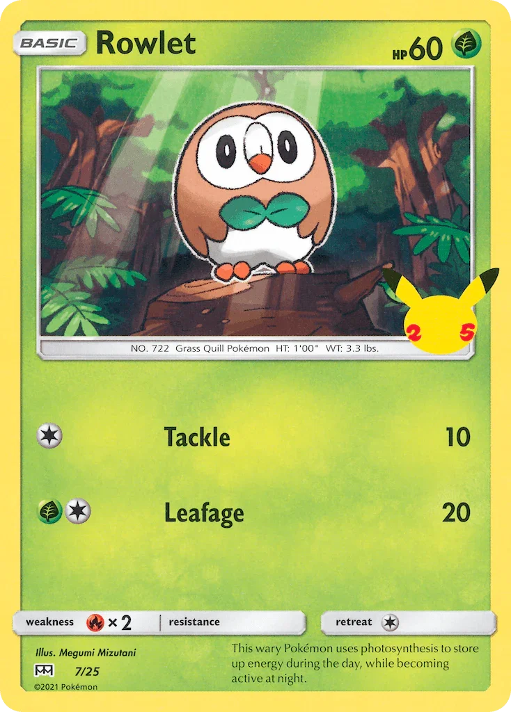 Fire[×2], Grass, Holofoil, McDonald's 25th Anniversary, Normal, Promo Rowlet (7/25) [McDonald's 25th Anniversary] - Trading Card World