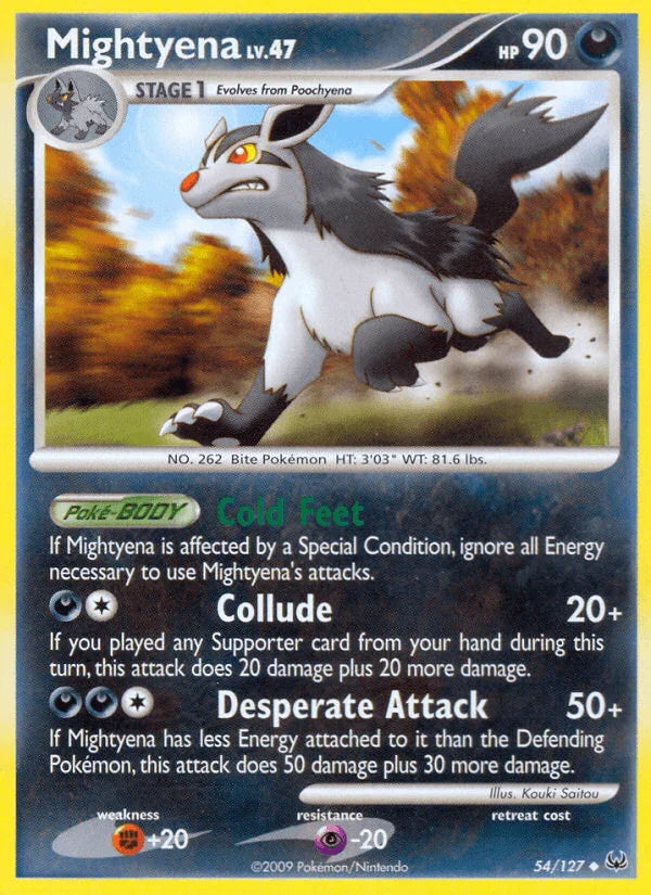 54, Darkness, Fighting[+20], Normal, Platinum: Base Set, Psychic[-20], Reverse Holofoil, Uncommon Mightyena (54/127) [Platinum: Base Set] - Trading Card World