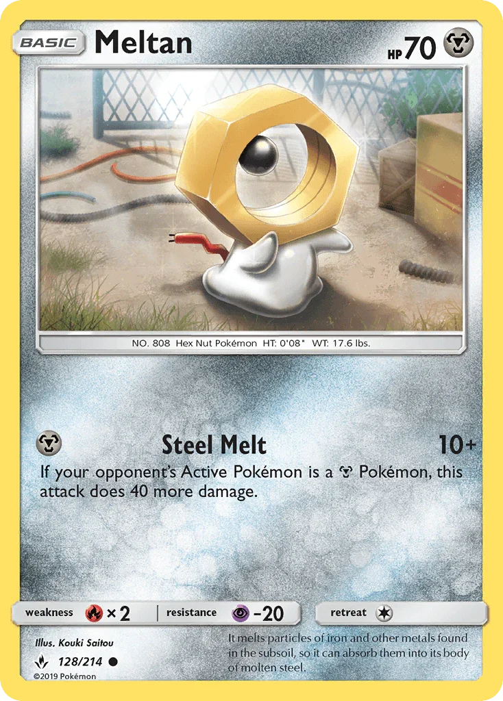 128, Common, Fire[×2], Metal, Normal, Psychic[-20], Reverse Holofoil, Sun & Moon: Unbroken Bonds Meltan (128/214) [Sun & Moon: Unbroken Bonds] - Trading Card World