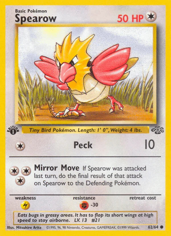 1st Edition Normal, 62, Colorless, Common, Fighting[-30], Jungle 1st Edition, Lightning[×2] Spearow (62/64) [Jungle 1st Edition] - Trading Card World