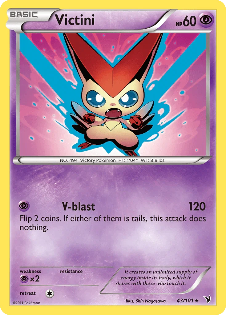 43, Black & White: Noble Victories, Normal, Psychic, Psychic[×2], Rare, Reverse Holofoil Victini (43/101) [Black & White: Noble Victories] - Trading Card World