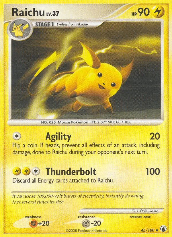 45, Diamond & Pearl: Majestic Dawn, Fighting[+20], Lightning, Metal[-20], Normal, Reverse Holofoil, Uncommon Raichu (45/100) [Diamond & Pearl: Majestic Dawn] - Trading Card World