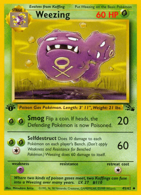 1st Edition Normal, 45, Fossil 1st Edition, Grass, Psychic[×2], Uncommon Weezing (45/62) [Fossil 1st Edition] - Trading Card World
