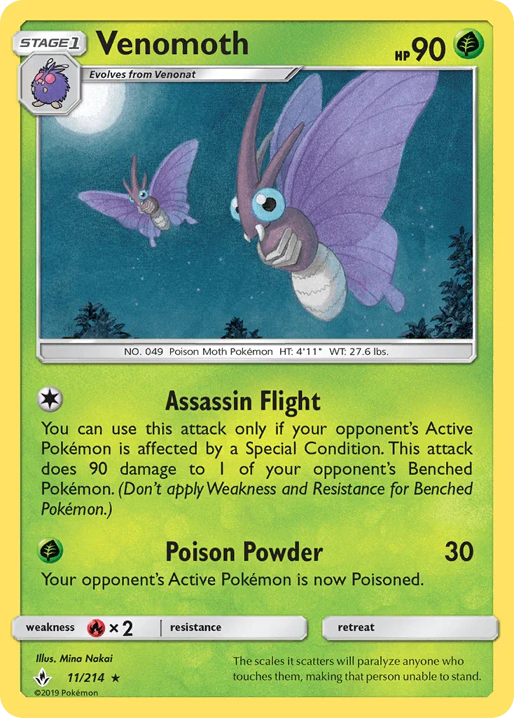 11, Fire[×2], Grass, Normal, Rare, Reverse Holofoil, Sun & Moon: Unbroken Bonds Venomoth (11/214) [Sun & Moon: Unbroken Bonds] - Trading Card World