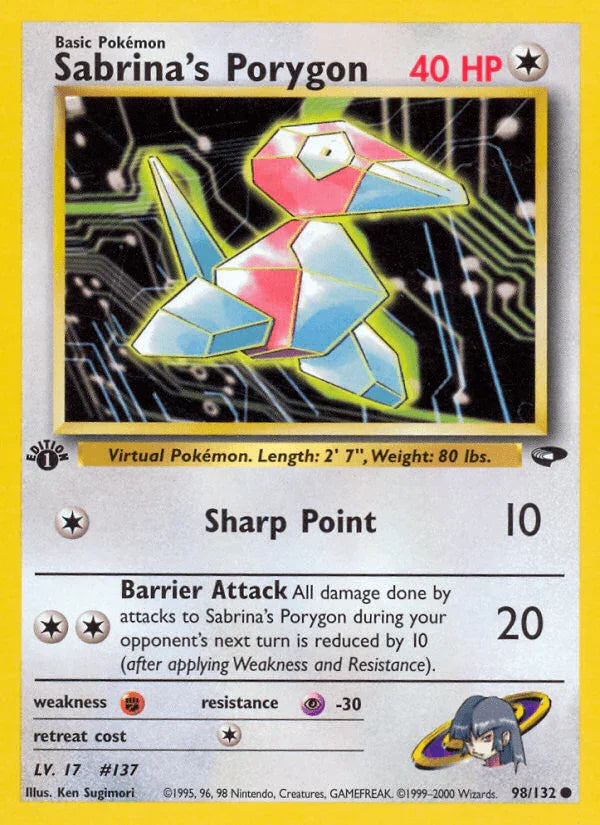 1st Edition Normal, 98, Colorless, Common, Fighting[×2], Gym Challenge 1st Edition, Psychic[-30] Sabrina's Porygon (98/132) [Gym Challenge 1st Edition] - Trading Card World