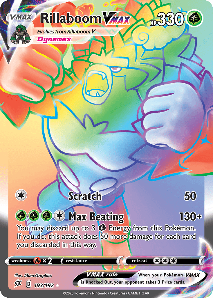 193, Fire[×2], Grass, Holofoil, Secret Rare, Sword & Shield: Rebel Clash Rillaboom VMAX (193/192) [Sword & Shield: Rebel Clash] - Trading Card World
