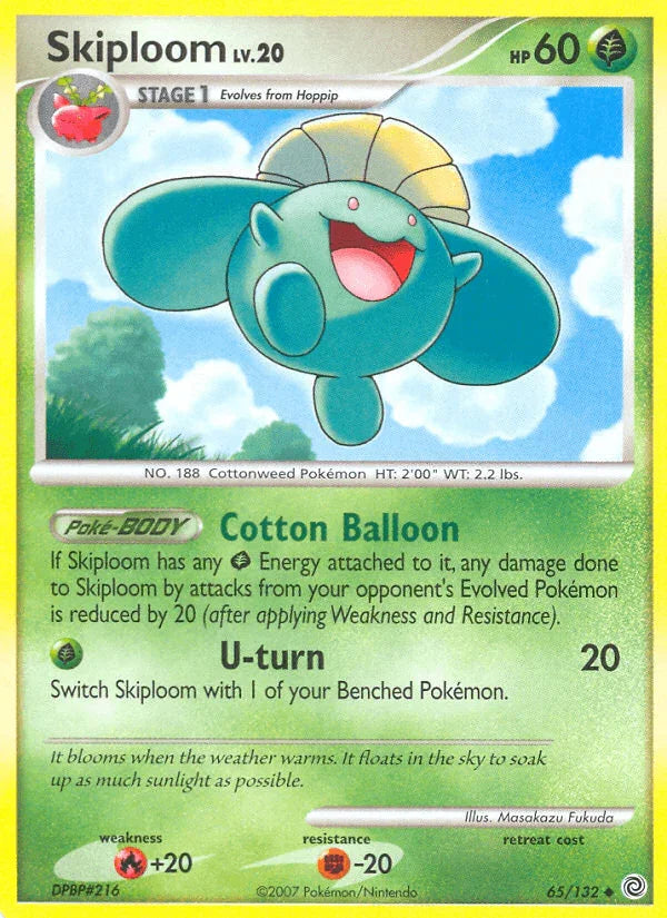 65, Diamond & Pearl: Secret Wonders, Fighting[-20], Fire[+20], Grass, Normal, Reverse Holofoil, Uncommon Skiploom (65/132) [Diamond & Pearl: Secret Wonders] - Trading Card World