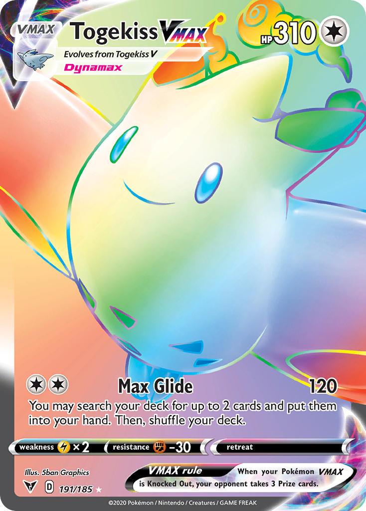 191, Colorless, Fighting[-30], Holofoil, Lightning[×2], Secret Rare, Sword & Shield: Vivid Voltage Togekiss VMAX (191/185) [Sword & Shield: Vivid Voltage] - Trading Card World