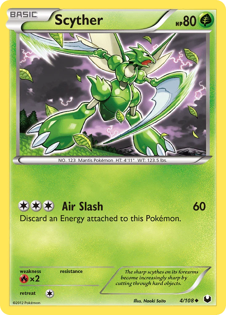 Black & White: Dark Explorers, Fire[×2], Grass, Normal, Reverse Holofoil, Uncommon Scyther (4/108) [Black & White: Dark Explorers] - Trading Card World