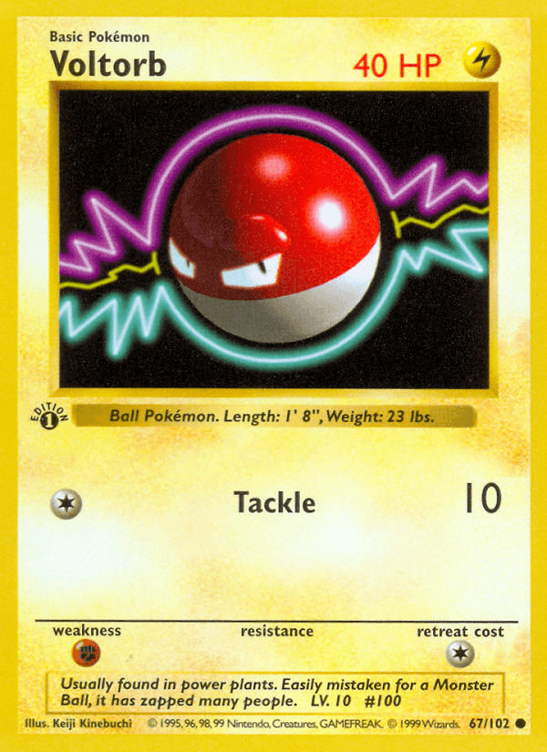 1st Edition Normal, 67, Base Set 1st Edition, Common, Fighting[×2], Lightning Voltorb (67/102) (Shadowless) [Base Set 1st Edition] - Trading Card World