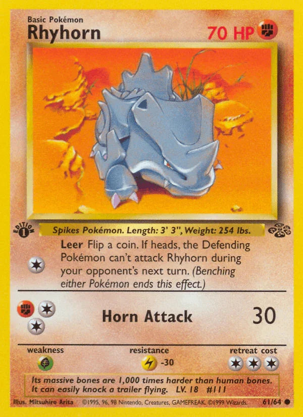 1st Edition Normal, 61, Common, Fighting, Grass[×2], Jungle 1st Edition, Lightning[-30] Rhyhorn (61/64) [Jungle 1st Edition] - Trading Card World