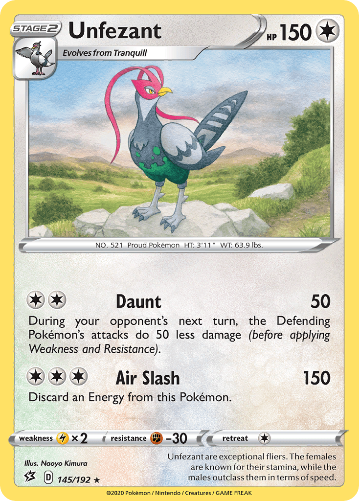 145, Colorless, Fighting[-30], Lightning[×2], Normal, Rare, Reverse Holofoil, Sword & Shield: Rebel Clash Unfezant (145/192) [Sword & Shield: Rebel Clash] - Trading Card World