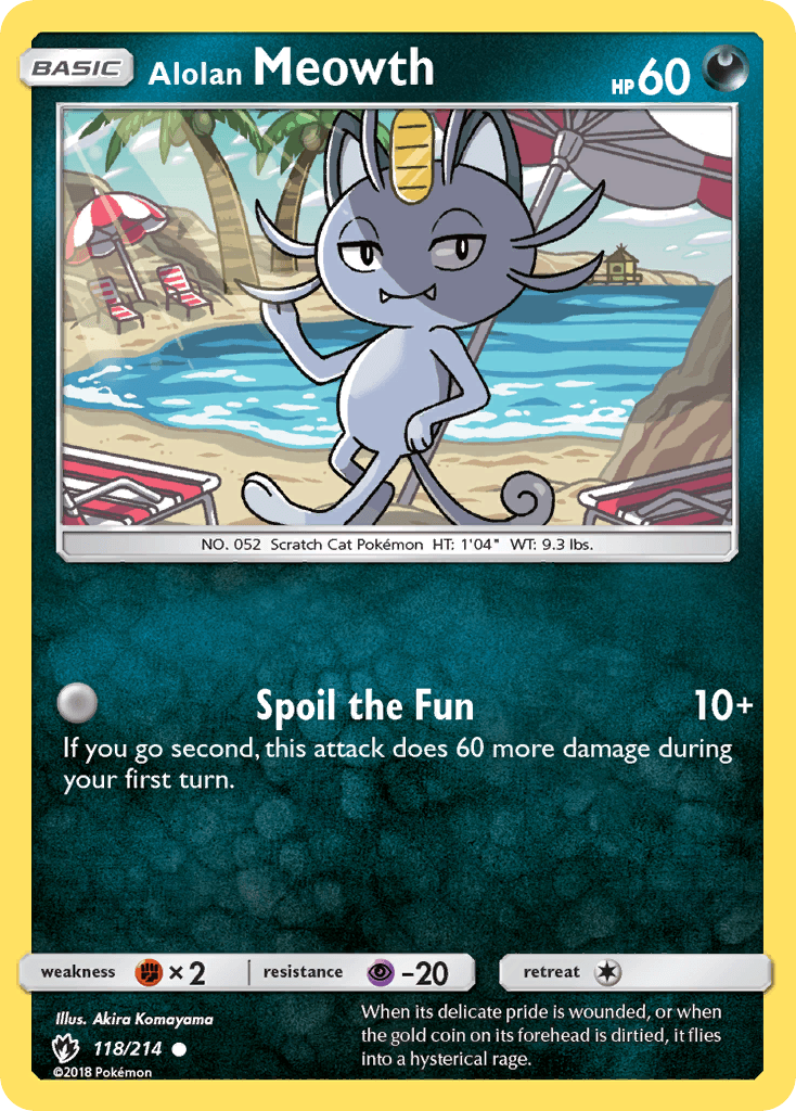 118, Common, Darkness, Fighting[×2], Normal, Psychic[-20], Reverse Holofoil, Sun & Moon: Lost Thunder Alolan Meowth (118/214) [Sun & Moon: Lost Thunder] - Trading Card World