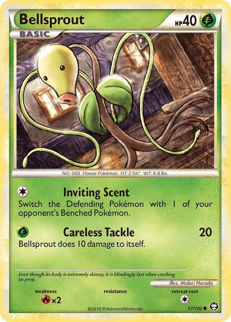 57, Common, Fire[×2], Grass, HeartGold & SoulSilver: Triumphant, Normal, Reverse Holofoil Bellsprout (57/102) [HeartGold & SoulSilver: Triumphant] - Trading Card World
