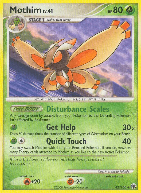 42, Diamond & Pearl: Majestic Dawn, Fighting[-20], Fire[+20], Grass, Normal, Reverse Holofoil, Uncommon Mothim (42/100) [Diamond & Pearl: Majestic Dawn] - Trading Card World