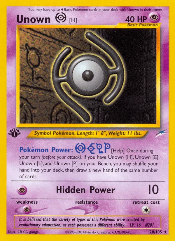 1st Edition Normal, 28, Neo Destiny 1st Edition, Psychic, Psychic[×2], Rare Unown [H] (28/105) [Neo Destiny 1st Edition] - Trading Card World