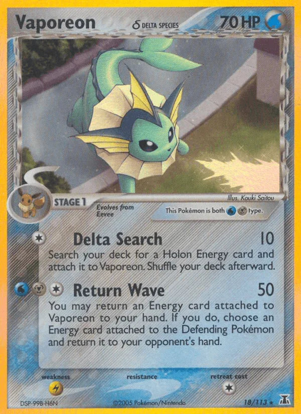 18, EX: Delta Species, Holo Rare, Holofoil, Lightning[×2], Metal, Water Vaporeon (18/113) (Delta Species) [EX: Delta Species] - Trading Card World