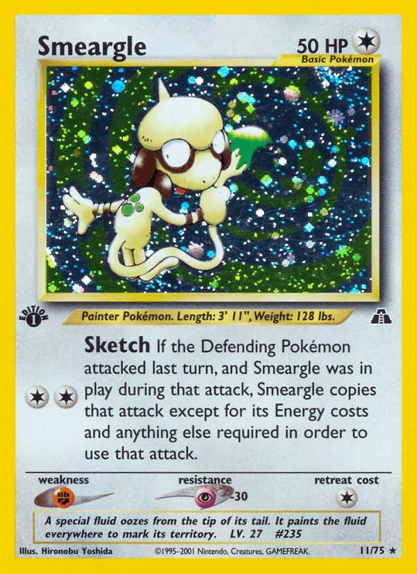 11, 1st Edition Holofoil, Colorless, Fighting[×2], Holo Rare, Neo Discovery 1st Edition, Psychic[-30] Smeargle (11/75) [Neo Discovery 1st Edition] - Trading Card World