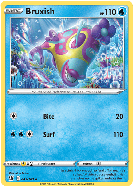 043, Lightning[×2], Normal, Reverse Holofoil, Sword & Shield: Battle Styles, Uncommon, Water Bruxish (043/163) [Sword & Shield: Battle Styles] - Trading Card World