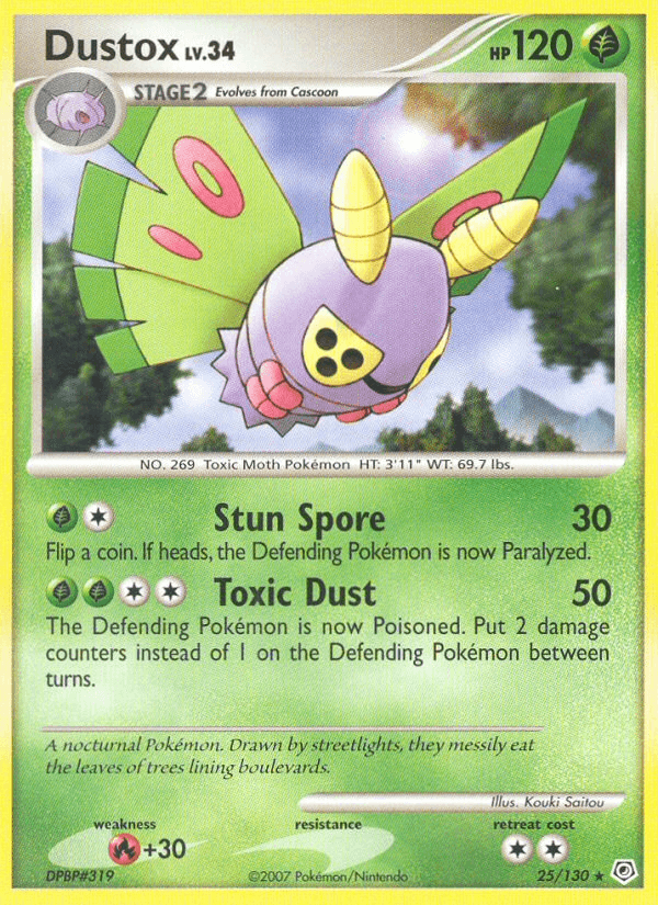 25, Diamond & Pearl: Base Set, Fire[+30], Grass, Normal, Rare, Reverse Holofoil Dustox (25/130) [Diamond & Pearl: Base Set] - Trading Card World