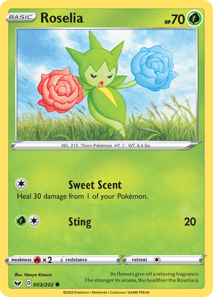 003, Common, Fire[×2], Grass, Normal, Reverse Holofoil, Sword & Shield: Base Set Roselia (003/202) [Sword & Shield: Base Set] - Trading Card World