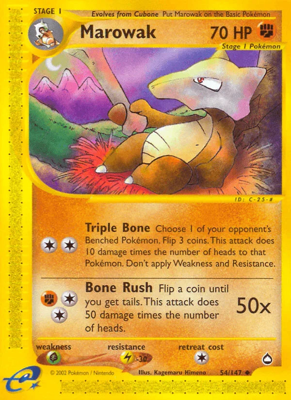 54, Aquapolis, Fighting, Grass[×2], Lightning[-30], Normal, Reverse Holofoil, Uncommon Marowak (54/147) [Aquapolis] - Trading Card World