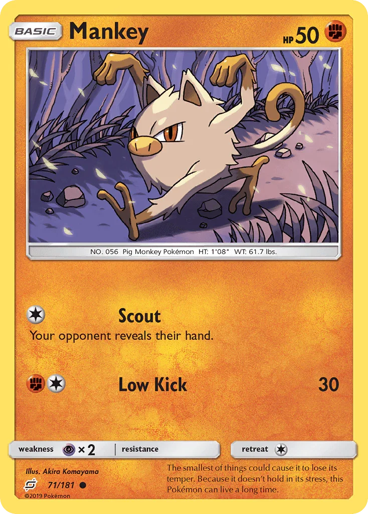 71, Common, Fighting, Normal, Psychic[×2], Reverse Holofoil, Sun & Moon: Team Up Mankey (71/181) [Sun & Moon: Team Up] - Trading Card World