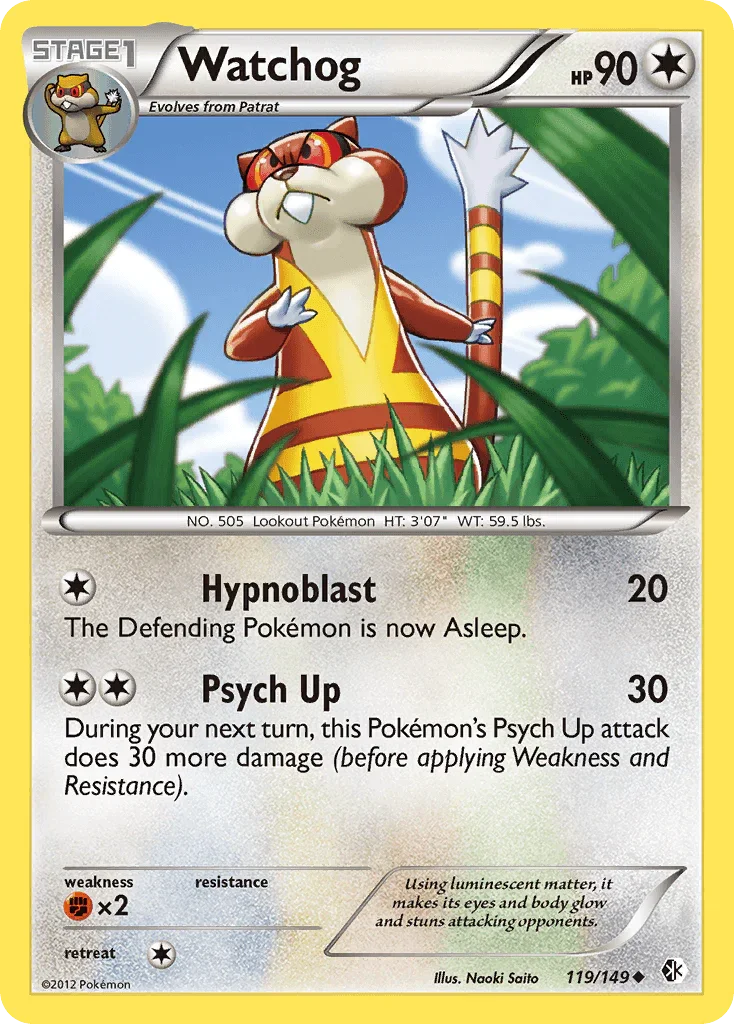 119, Black & White: Boundaries Crossed, Colorless, Fighting[×2], Normal, Reverse Holofoil, Uncommon Watchog (119/149) [Black & White: Boundaries Crossed] - Trading Card World