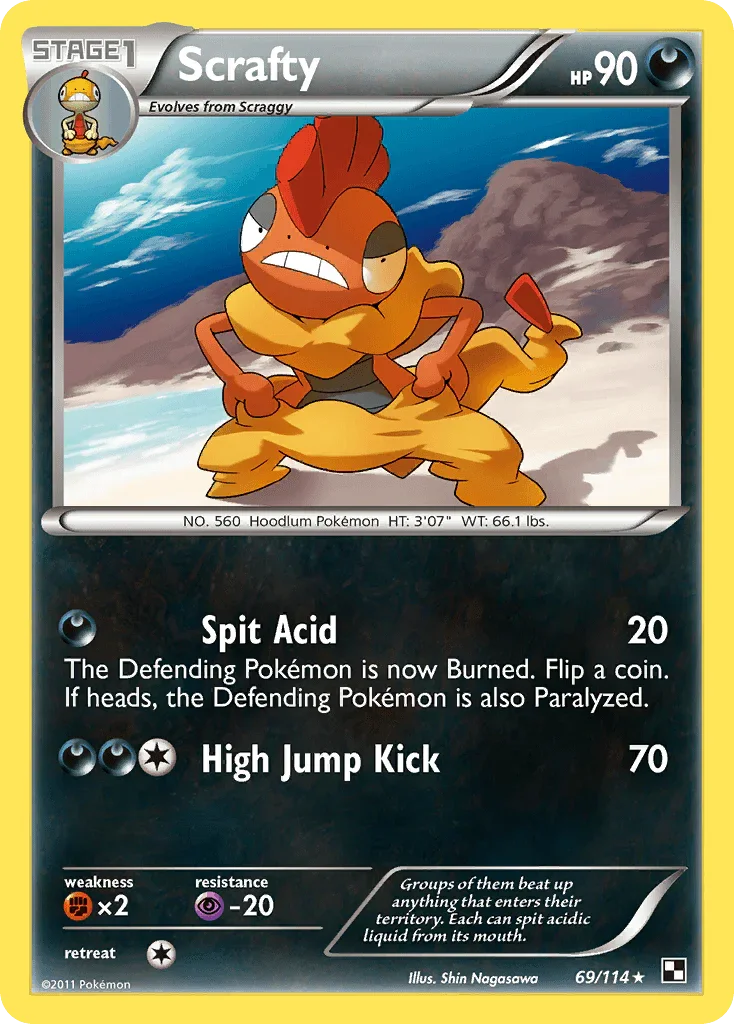 69, Black & White: Base Set, Darkness, Fighting[×2], Normal, Psychic[-20], Rare, Reverse Holofoil Scrafty (69/114) [Black & White: Base Set] - Trading Card World