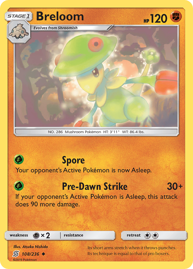 108, Fighting, Normal, Psychic[×2], Reverse Holofoil, Sun & Moon: Unified Minds, Uncommon Breloom (108/236) [Sun & Moon: Unified Minds] - Trading Card World