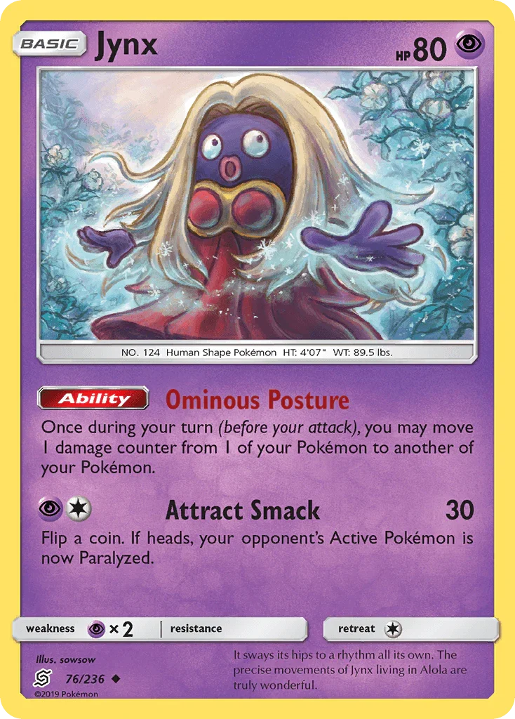 76, Normal, Psychic, Psychic[×2], Reverse Holofoil, Sun & Moon: Unified Minds, Uncommon Jynx (76/236) [Sun & Moon: Unified Minds] - Trading Card World